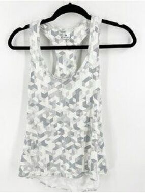 Athleta racerback tank top featuring a geometric grey and white print